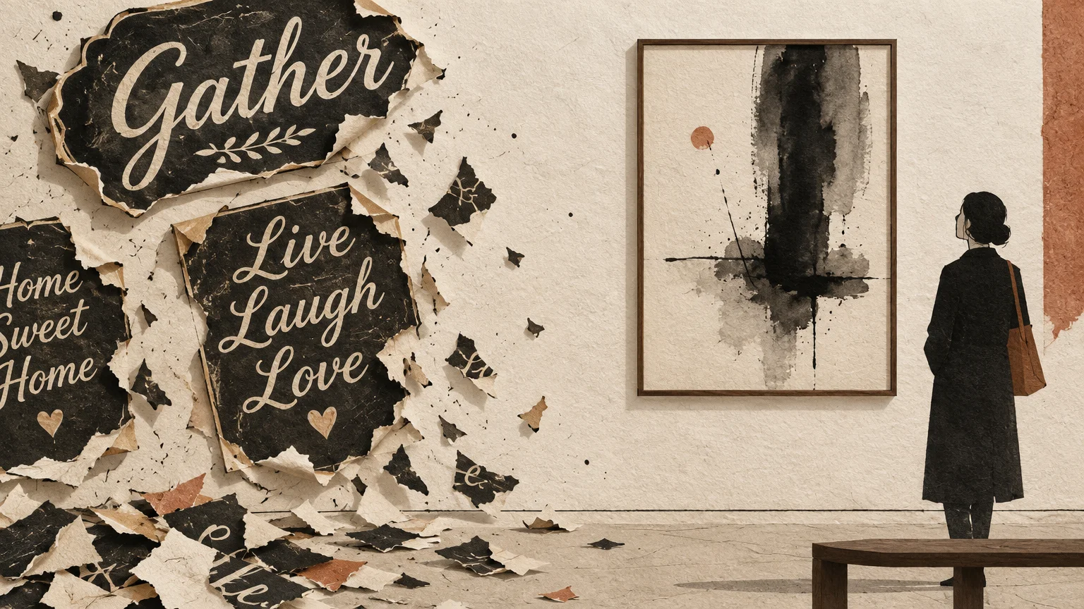 Torn typography signs peel away from a wall beside a woman admiring a framed abstract ink painting in a gallery.