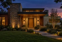 Modern home exterior at dusk with illuminated stone wall, pathway lights, and warm sconces flanking the front door.