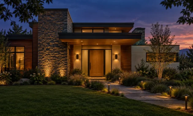 Modern home exterior at dusk with illuminated stone wall, pathway lights, and warm sconces flanking the front door.