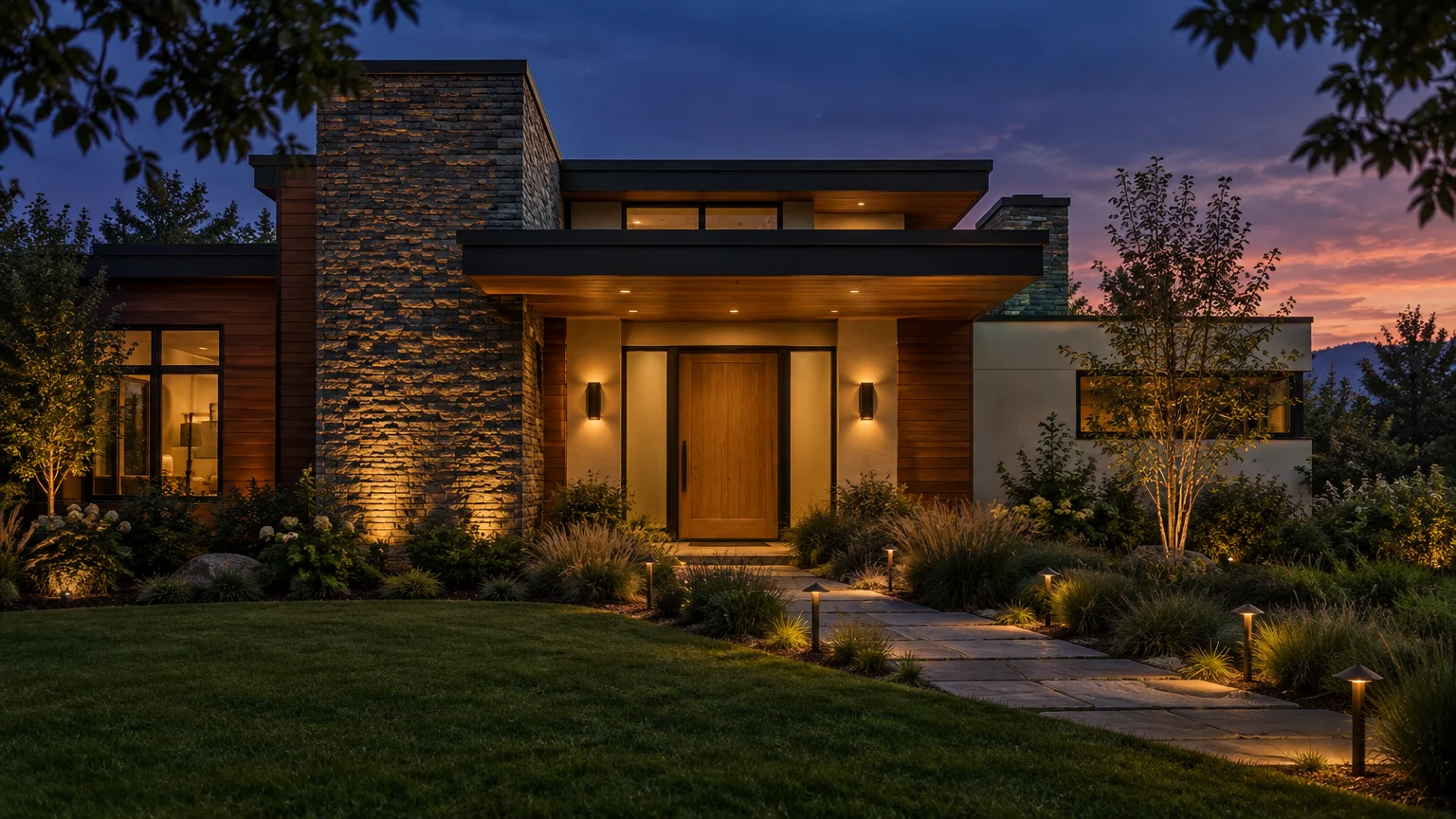 Modern home exterior at dusk with illuminated stone wall, pathway lights, and warm sconces flanking the front door.