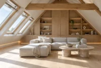 Bright attic living room featuring angled skylights, wood built-in shelves, an exposed ceiling beam, and a cream sectional.