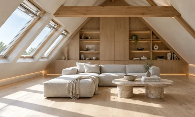 Bright attic living room featuring angled skylights, wood built-in shelves, an exposed ceiling beam, and a cream sectional.