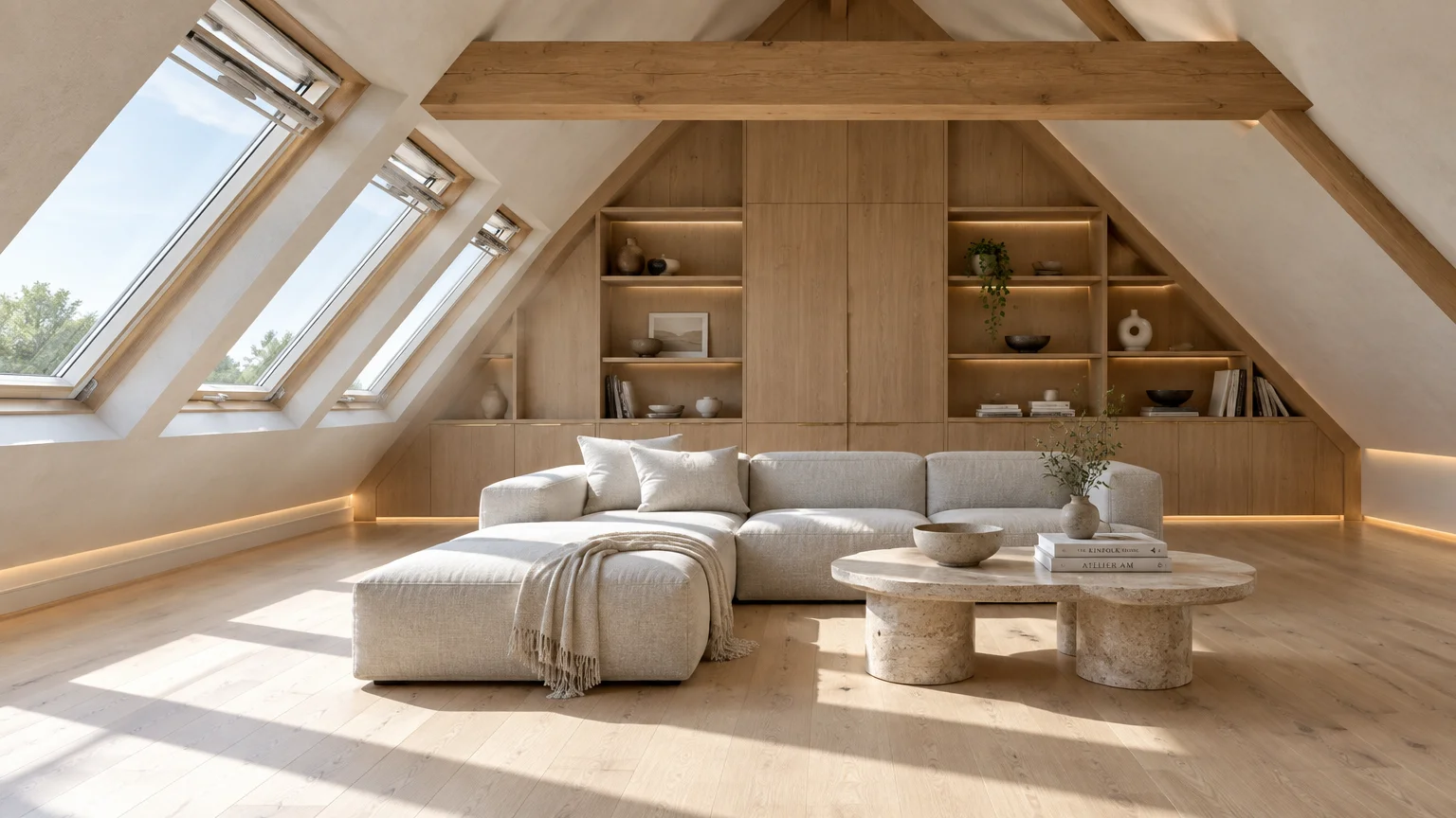 Bright attic living room featuring angled skylights, wood built-in shelves, an exposed ceiling beam, and a cream sectional.