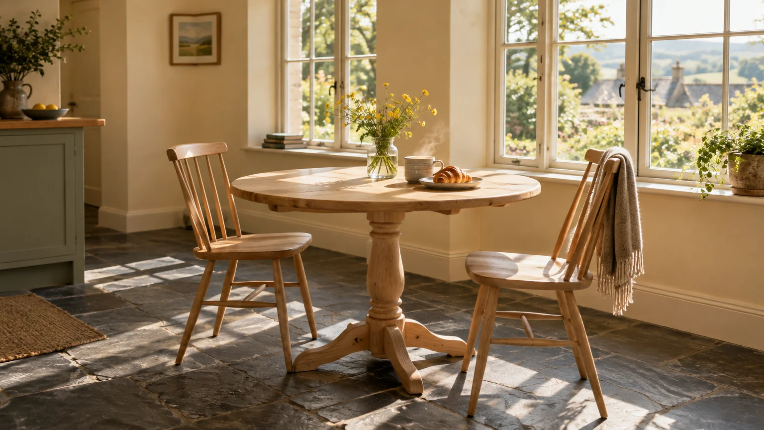 Round wooden dining table with two chairs on a dark slate floor beside large sunny windows in a cream-walled room.