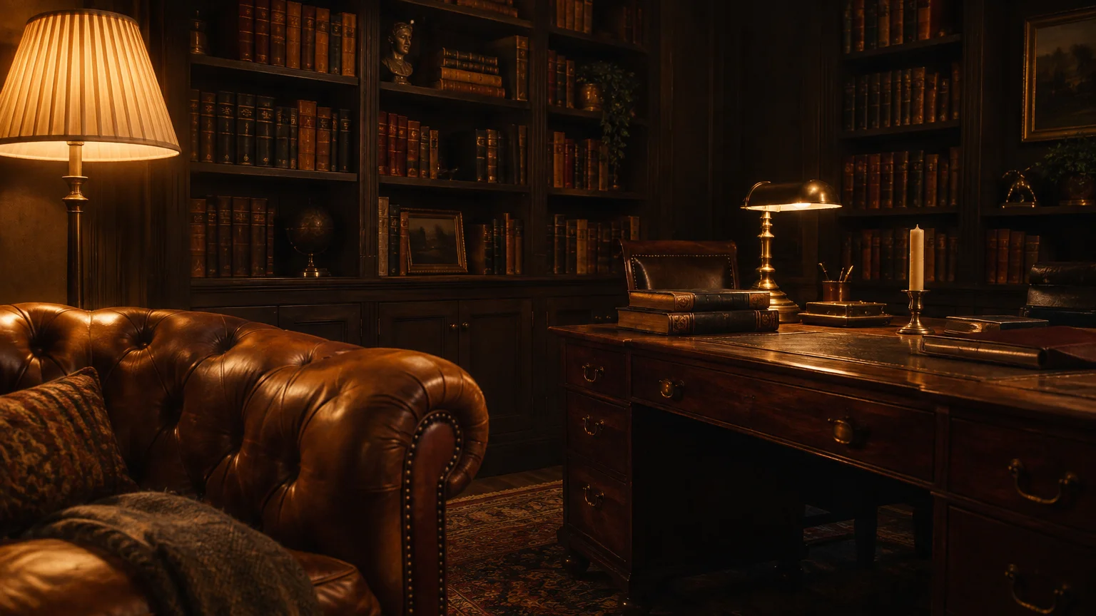 Moody home library with dark wood bookshelves, a classic leather Chesterfield sofa, and a warm desk lamp.