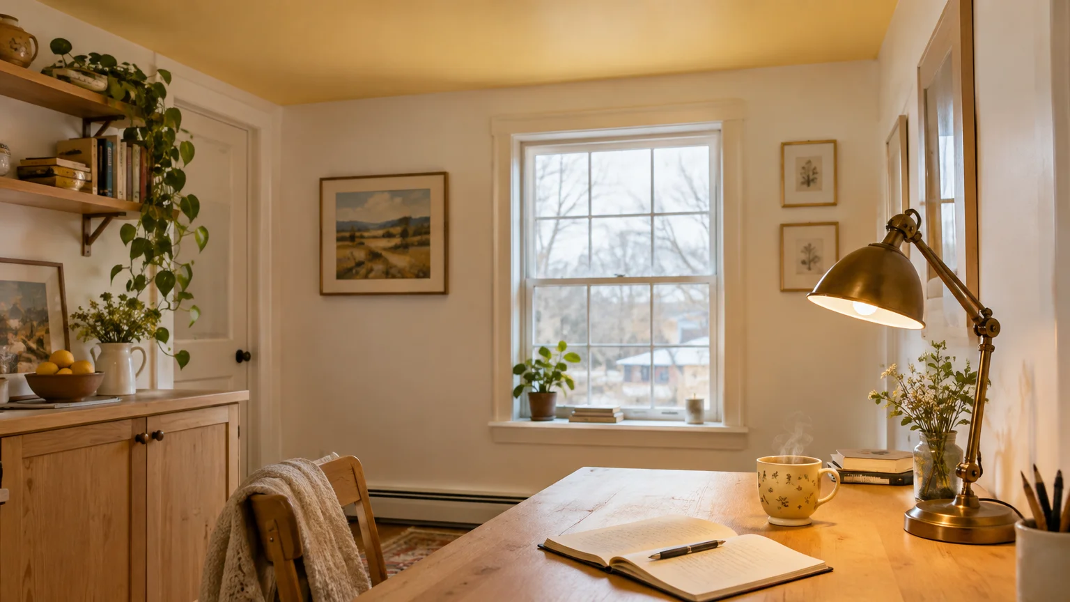 Cozy study with a pale yellow ceiling, wooden desk, open notebook, brass lamp, and window overlooking trees.