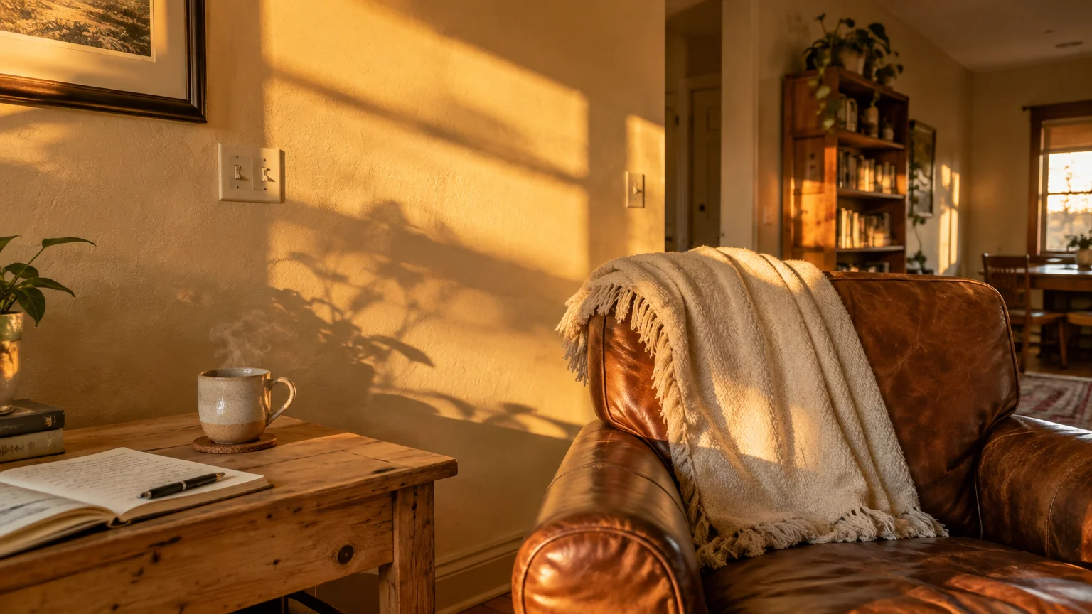 Leather armchair draped with a cream blanket beside a wooden side table with coffee, bathed in warm golden sunlight.