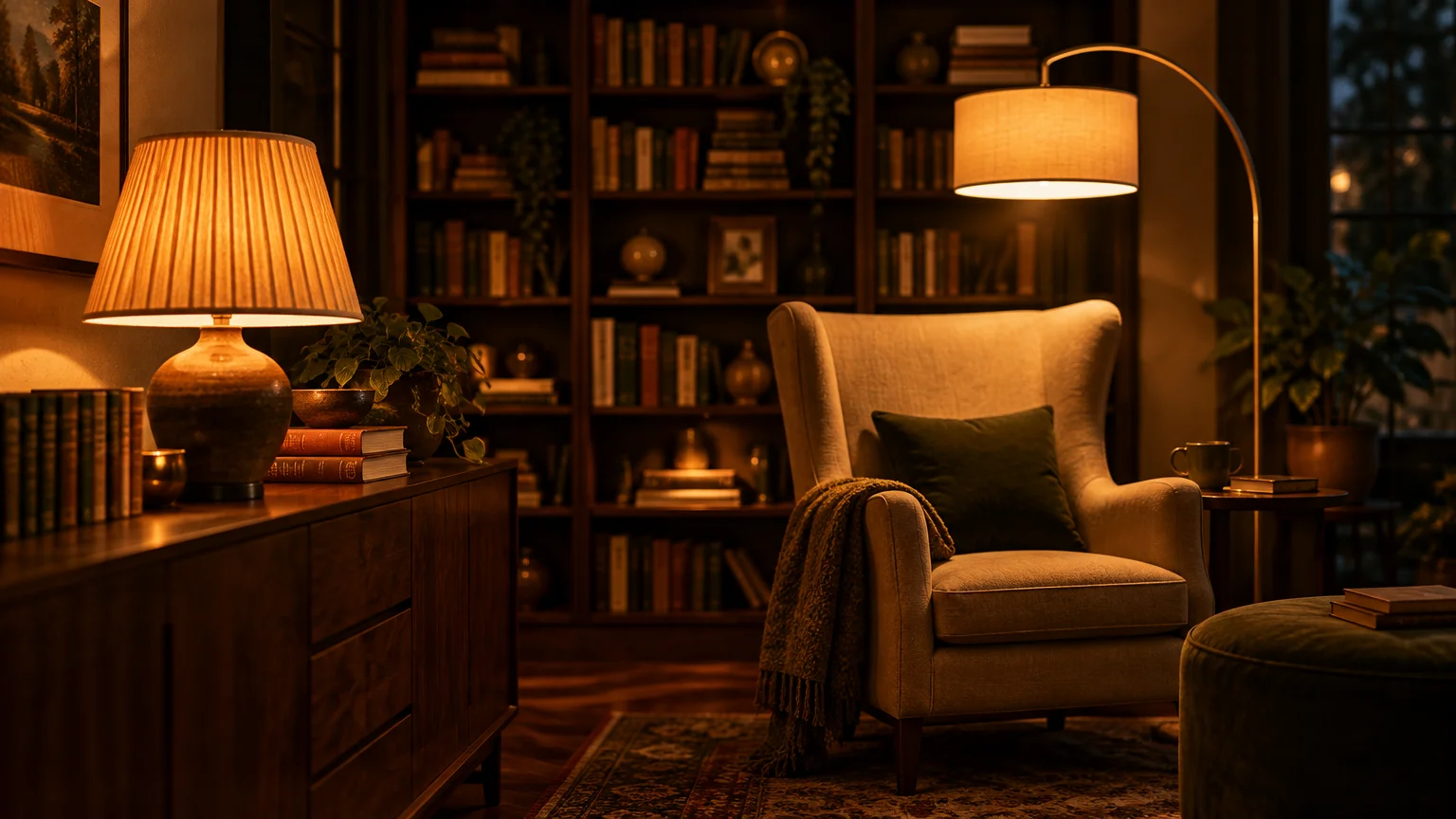 Cozy dimly lit living room with an armchair, arched floor lamp, table lamp, and dark wooden bookcases.