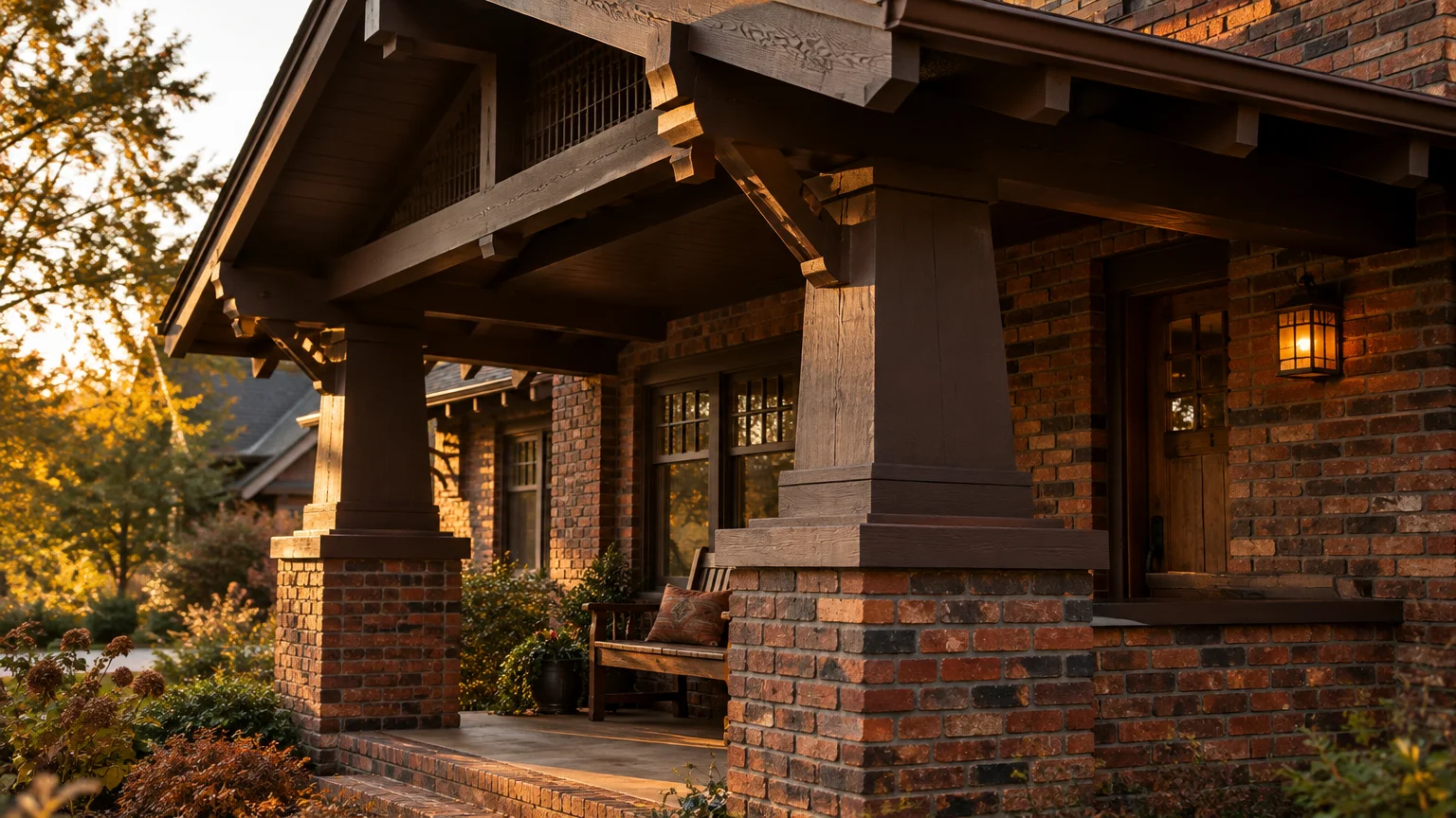 Craftsman porch featuring dark brown timber pillars on rustic variegated brick bases during golden hour.