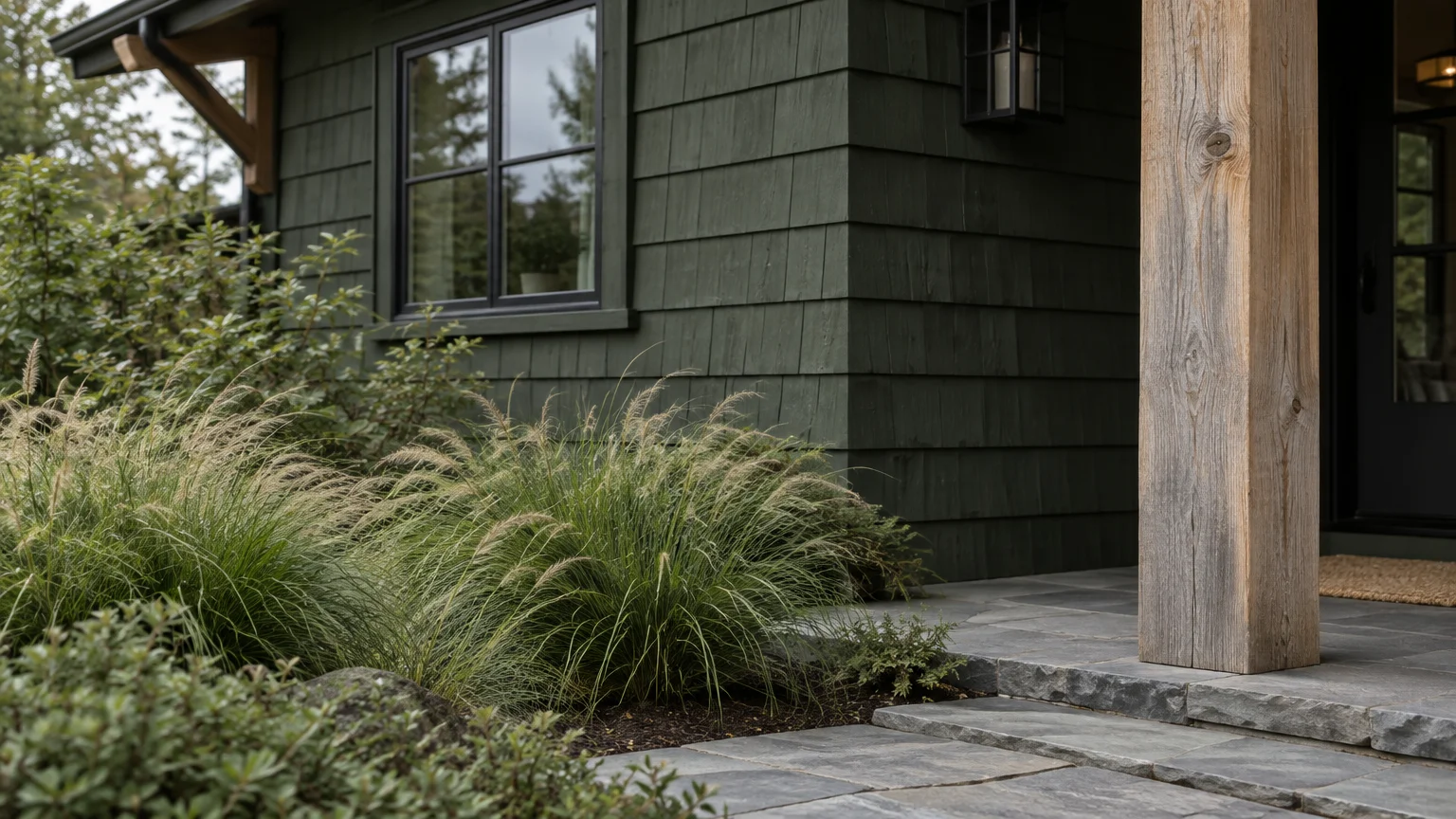 Dark green shingle siding on a porch with stone paver steps, a weathered wood pillar, and ornamental grasses.