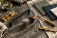 Various cabinet hardware pulls and knobs arranged on a marble surface with paint samples, a screwdriver, and measuring tool.