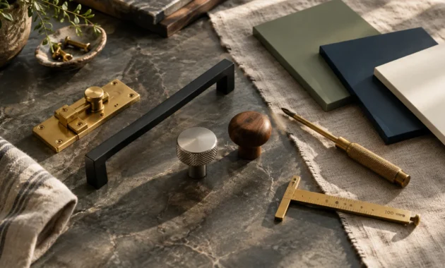 Various cabinet hardware pulls and knobs arranged on a marble surface with paint samples, a screwdriver, and measuring tool.