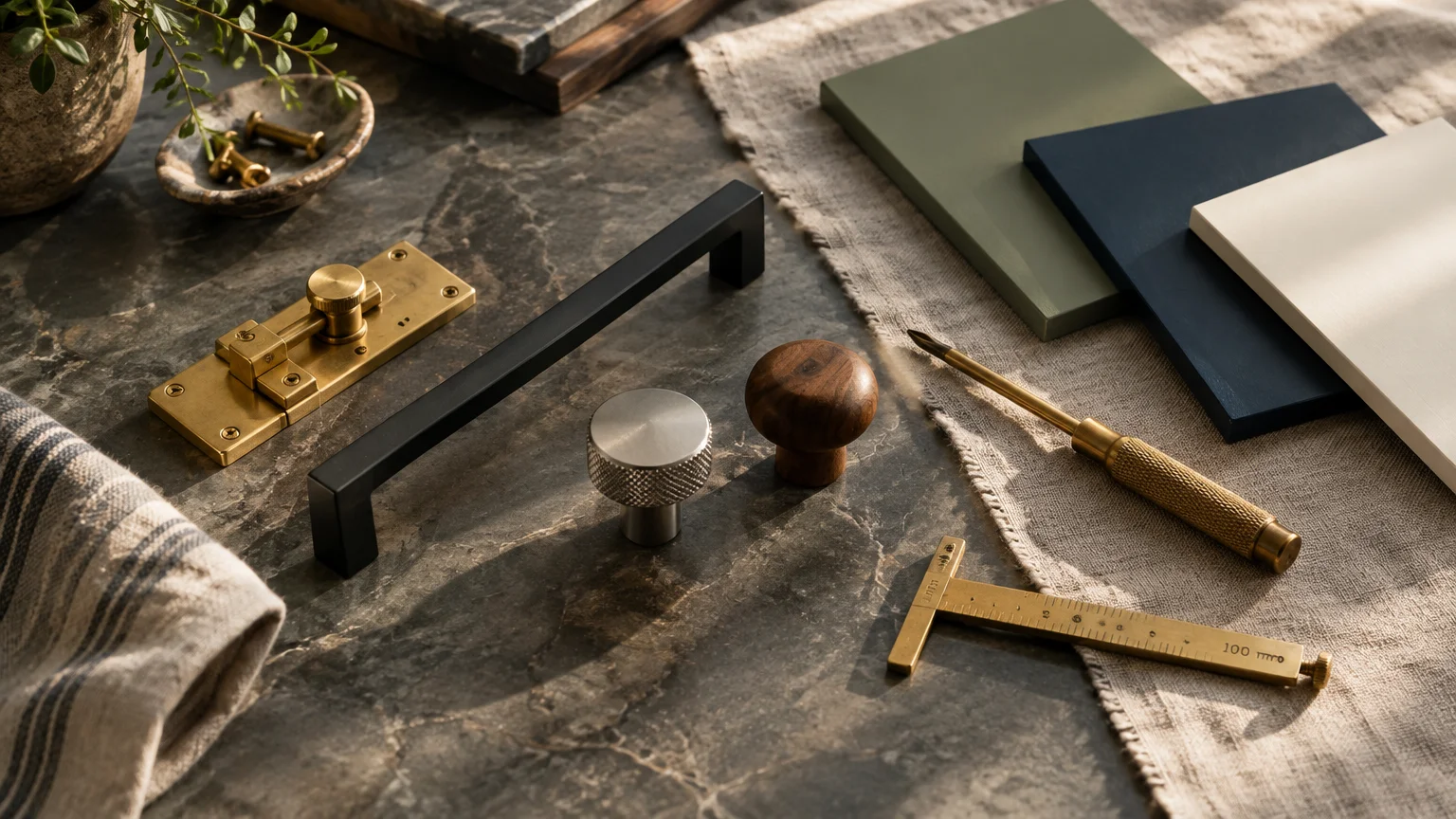 Various cabinet hardware pulls and knobs arranged on a marble surface with paint samples, a screwdriver, and measuring tool.