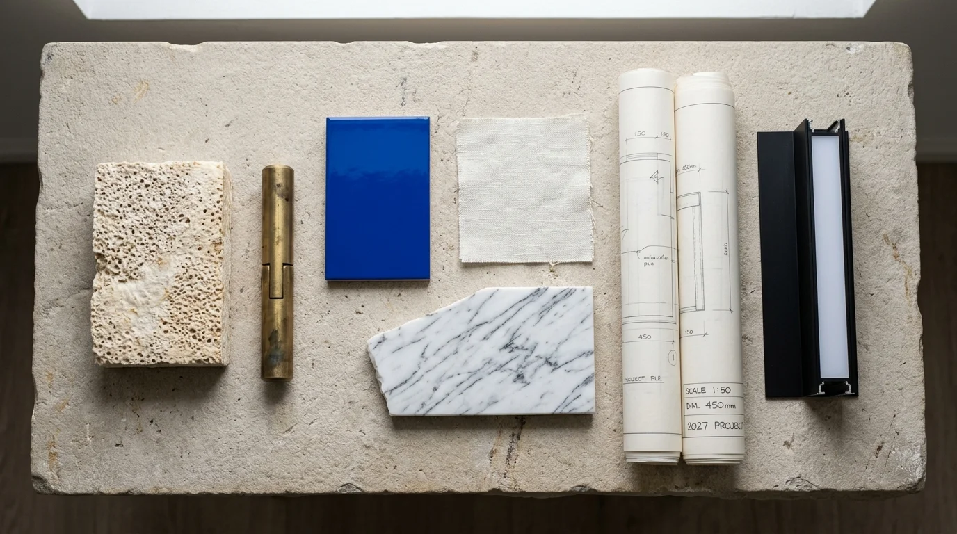 Material mood board with stone, brass rod, blue tile, linen swatch, marble, rolled blueprints, and LED light profile.