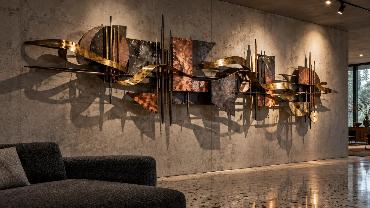 Large Brutalist welded metal sculpture mounted on a concrete wall above polished terrazzo flooring casting deep shadows.