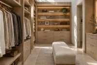 Spacious walk-in closet featuring light wood cabinetry, illuminated display shelves, clothes racks, and a central bouclé bench.