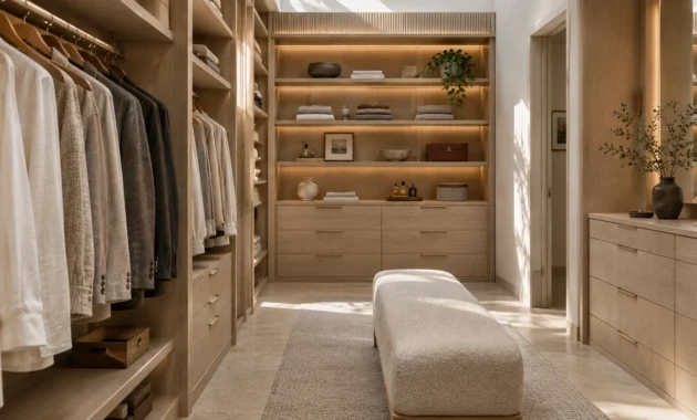 Spacious walk-in closet featuring light wood cabinetry, illuminated display shelves, clothes racks, and a central bouclé bench.