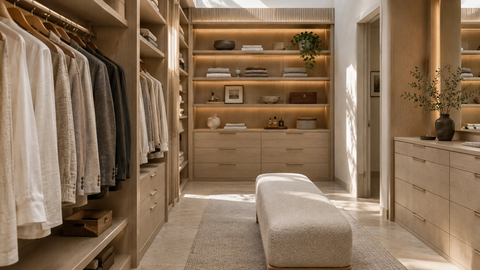 Spacious walk-in closet featuring light wood cabinetry, illuminated display shelves, clothes racks, and a central bouclé bench.
