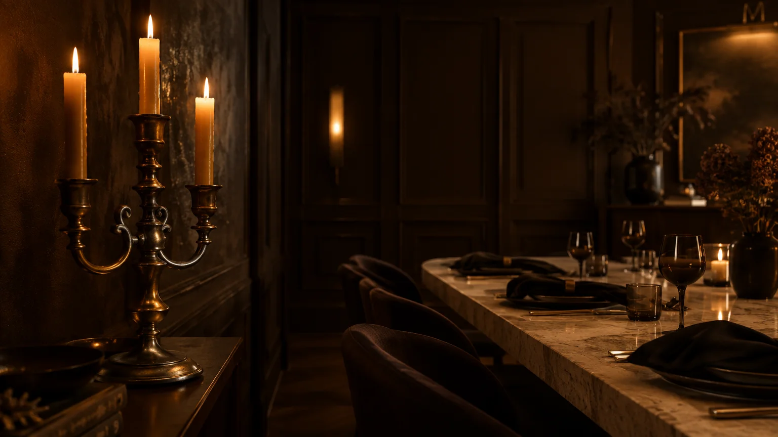 Candlelit dining room with a long marble table, dark brown paneled walls, and a brass candelabra with glowing candles.