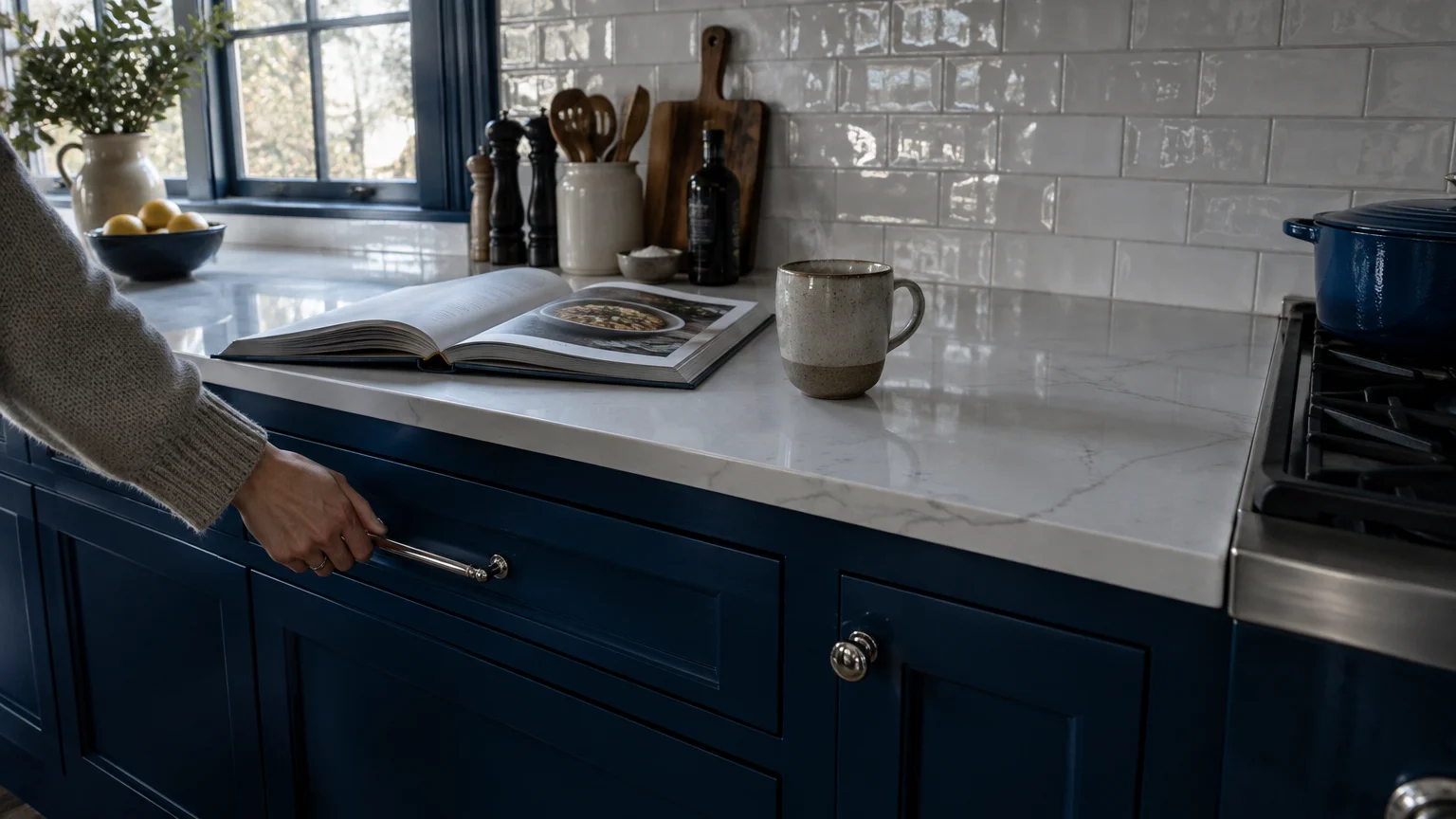Hand opening a navy blue kitchen cabinet drawer below a white marble counter with a cookbook and steaming mug.