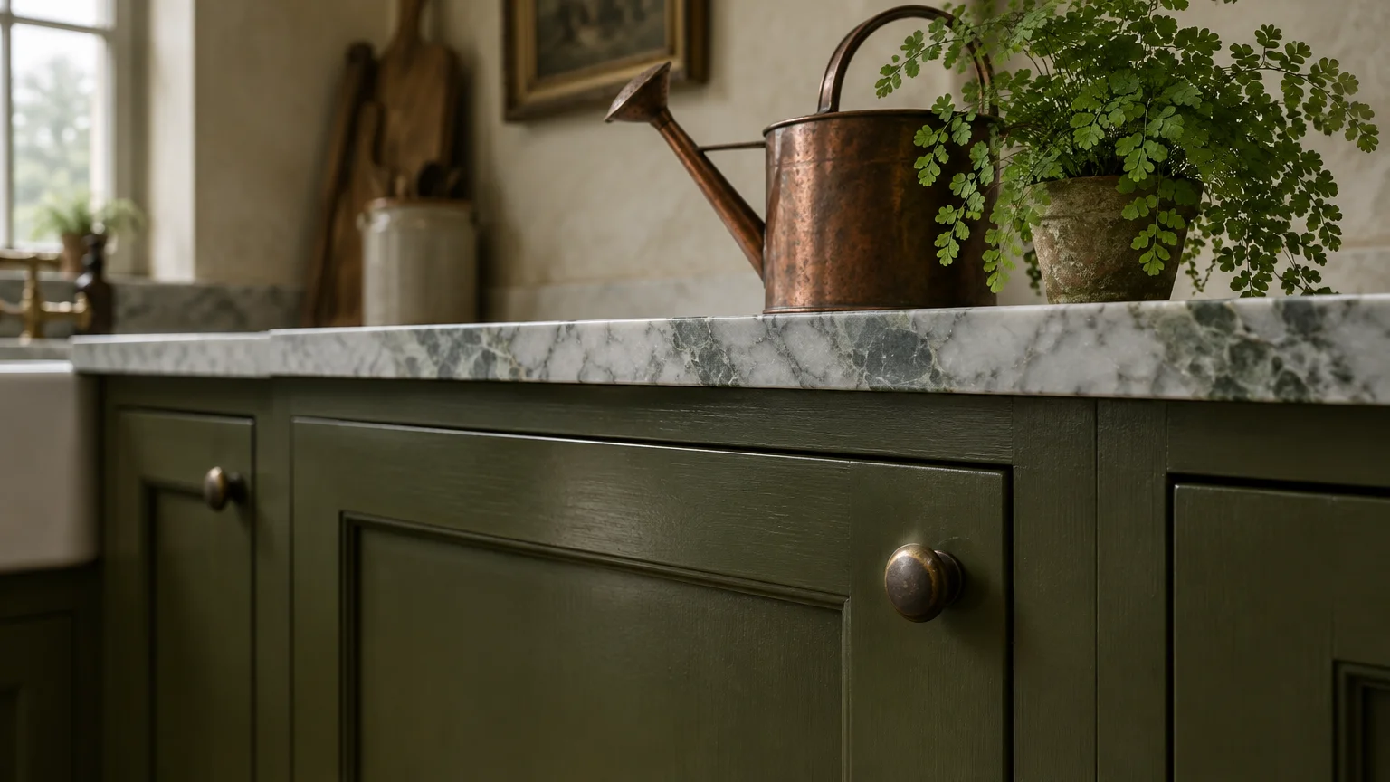 Dark olive green kitchen cabinets with marble countertop, antique brass knob, copper watering can, and potted fern.