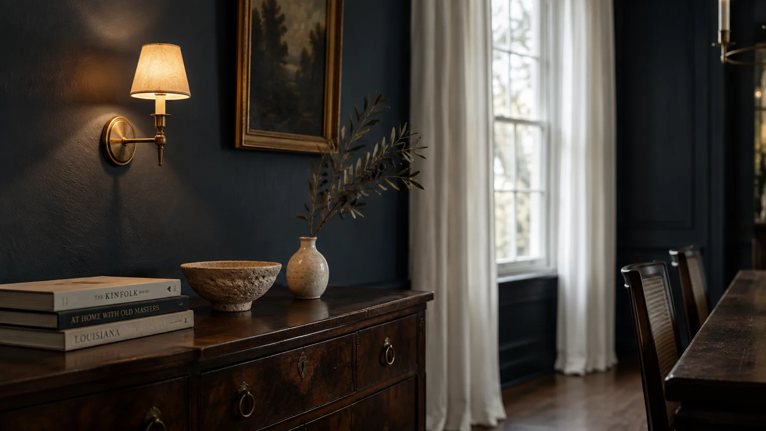 Dark navy dining room wall with a lit brass sconce above an antique wooden sideboard beside a window with white drapes.