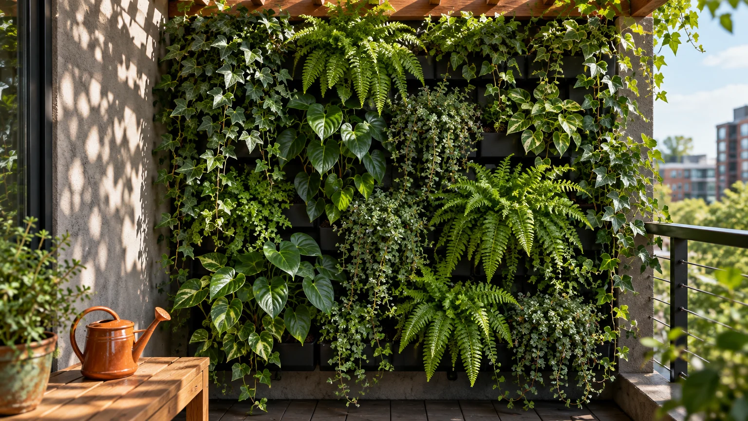 Lush vertical garden wall packed with vibrant green ferns, ivy, and leafy plants on a sunny apartment balcony.
