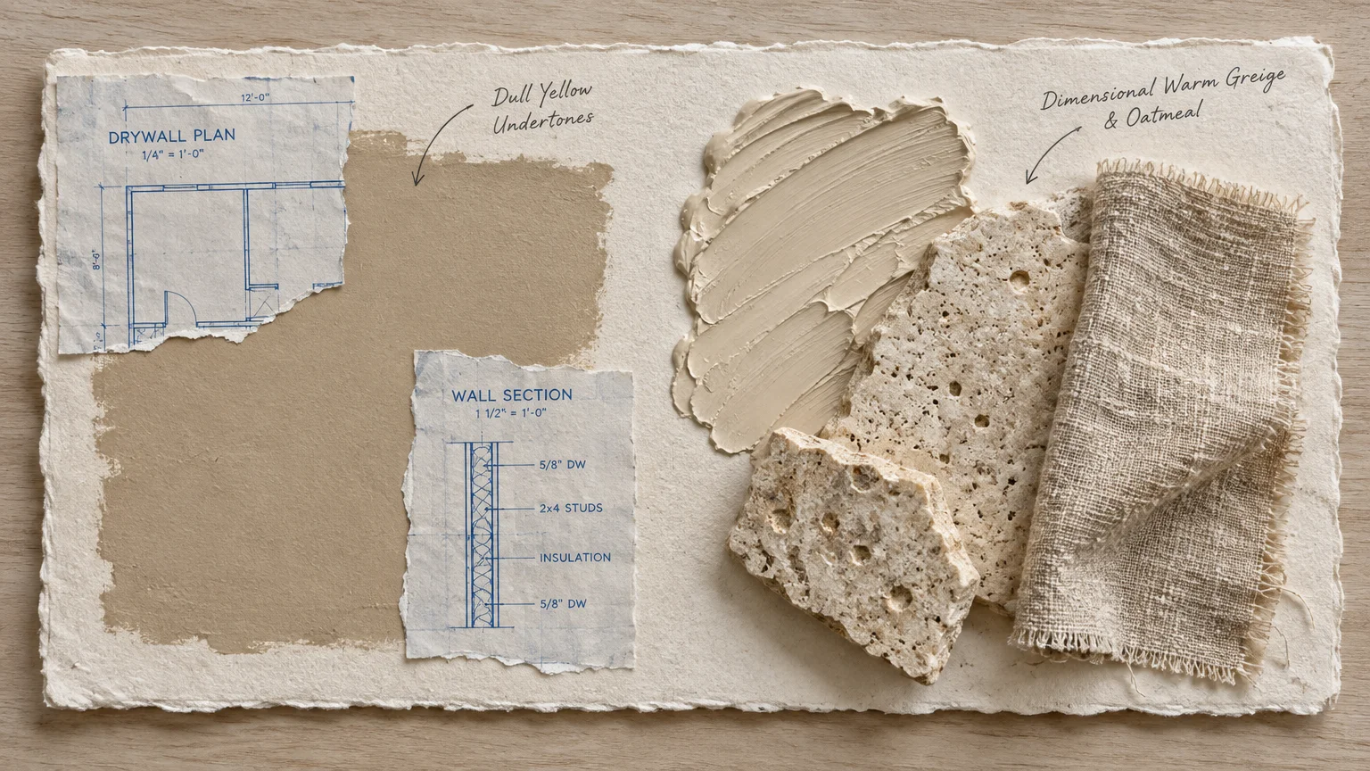 Mood board contrasting flat beige paint and blueprints with textured greige paint, travertine stone, and woven fabric.