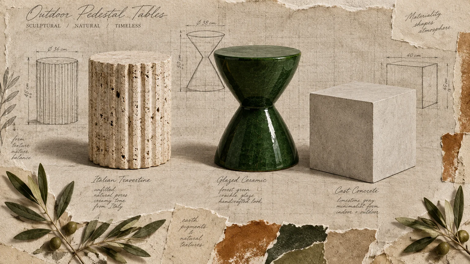 Fluted travertine cylinder, green glazed ceramic hourglass, and concrete cube pedestal tables with architectural sketches.