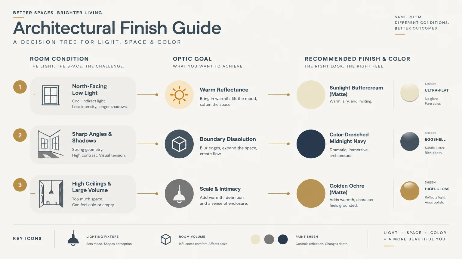 Architectural Finish Guide diagram matching room conditions to optical goals, paint swatches, and sheens.