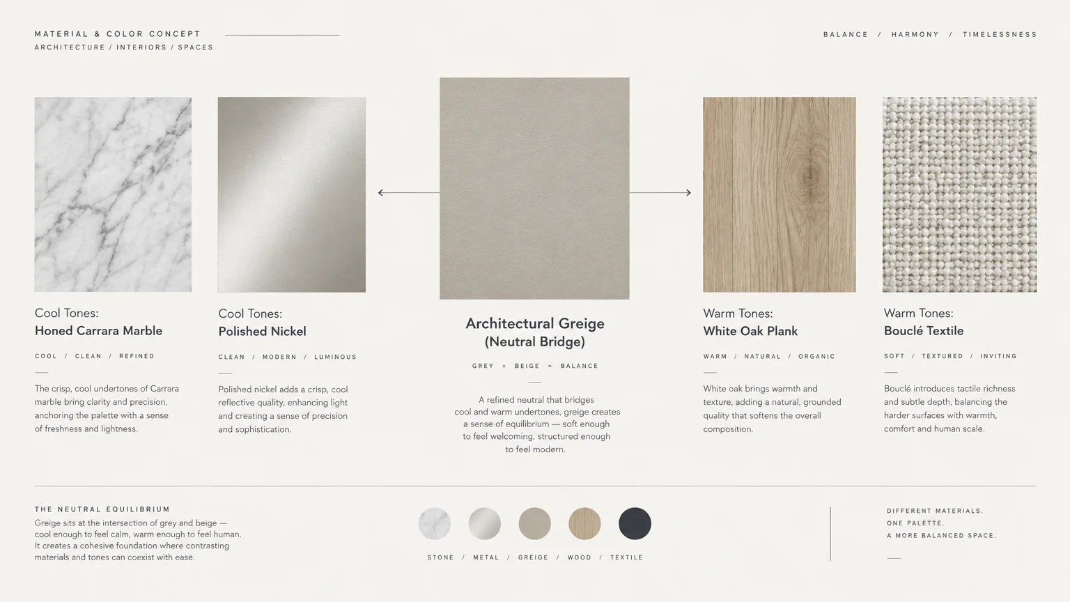 Material mood board diagram featuring architectural greige bridging cool marble and nickel with warm oak and bouclé.