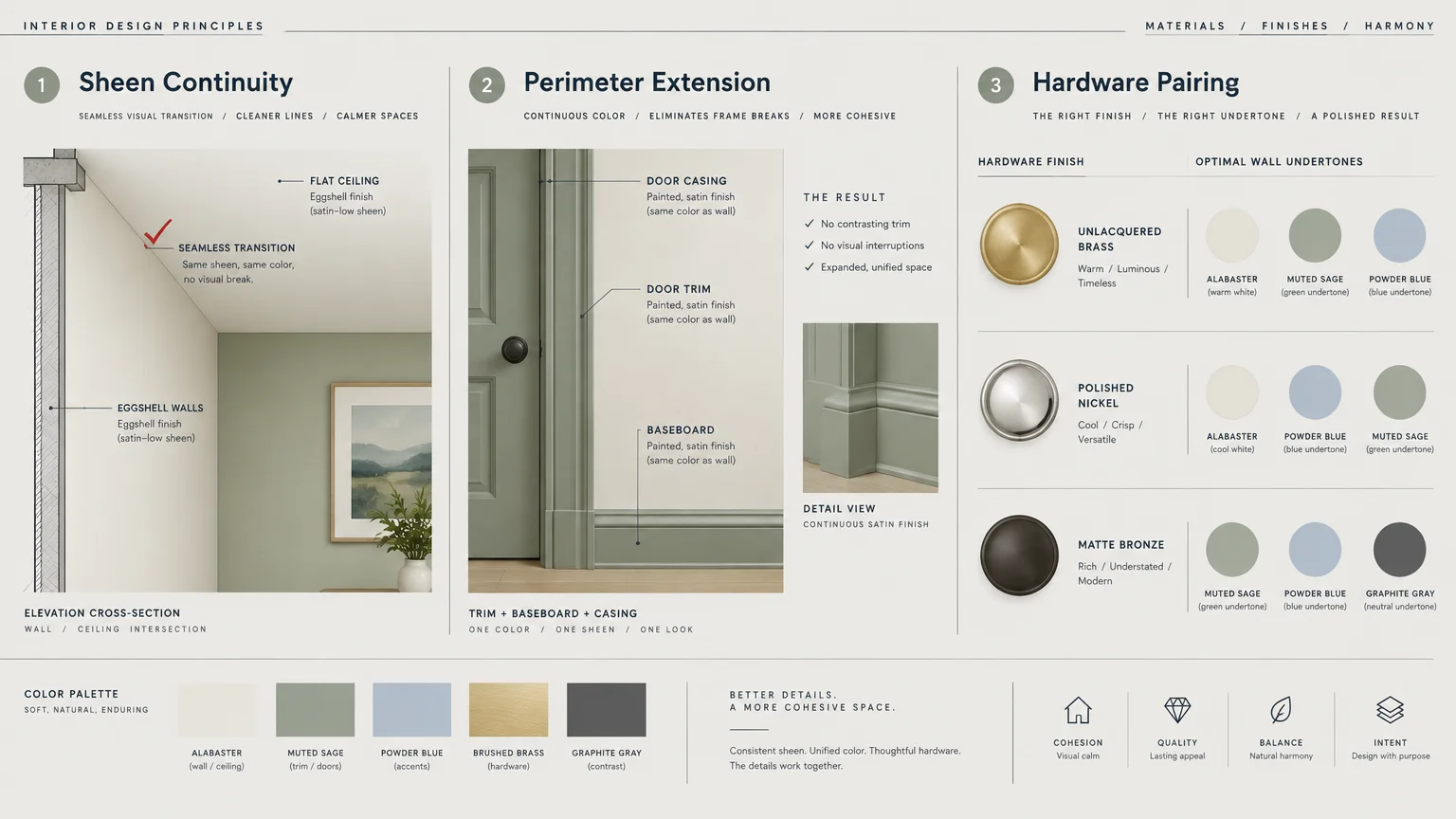 Interior design diagram illustrating sheen continuity, perimeter extension on trim, and hardware finish pairings.