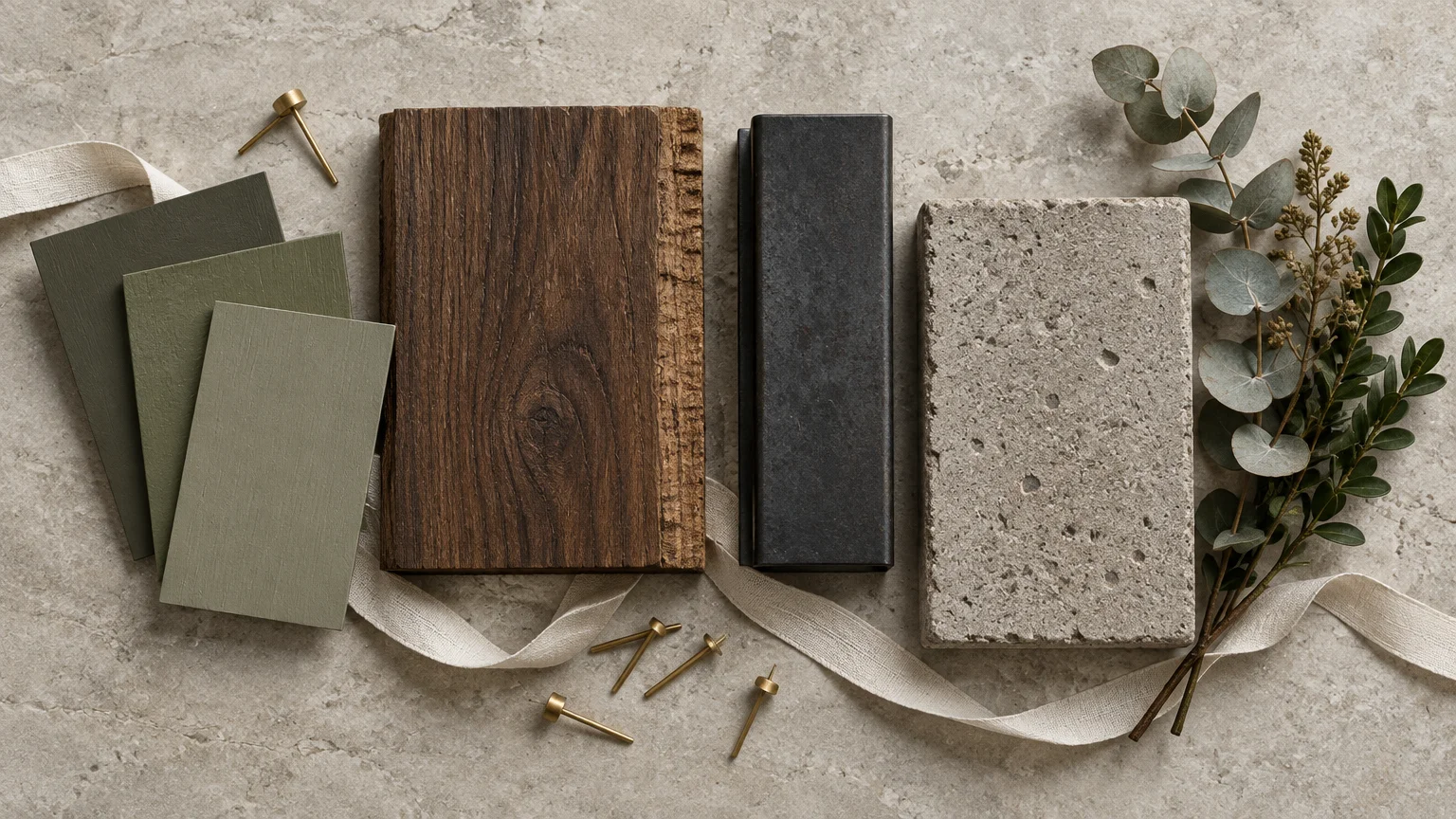 Material flat lay with green paint swatches, dark walnut wood, charcoal metal, textured stone, brass pins, and foliage.