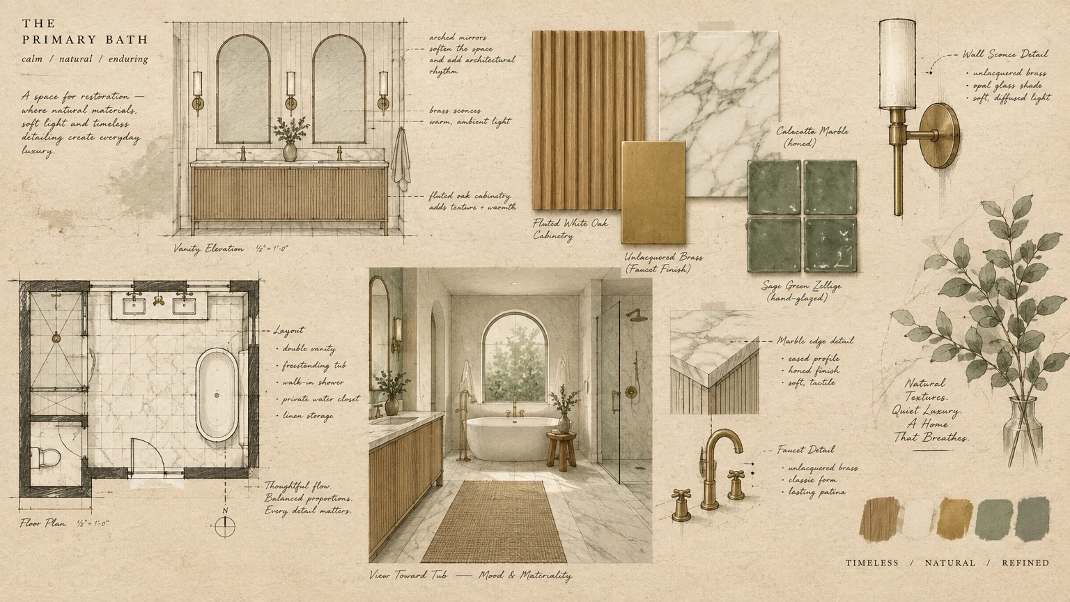 Bathroom design mood board featuring architectural floor plans, sketches, and material swatches of wood, marble, and brass.