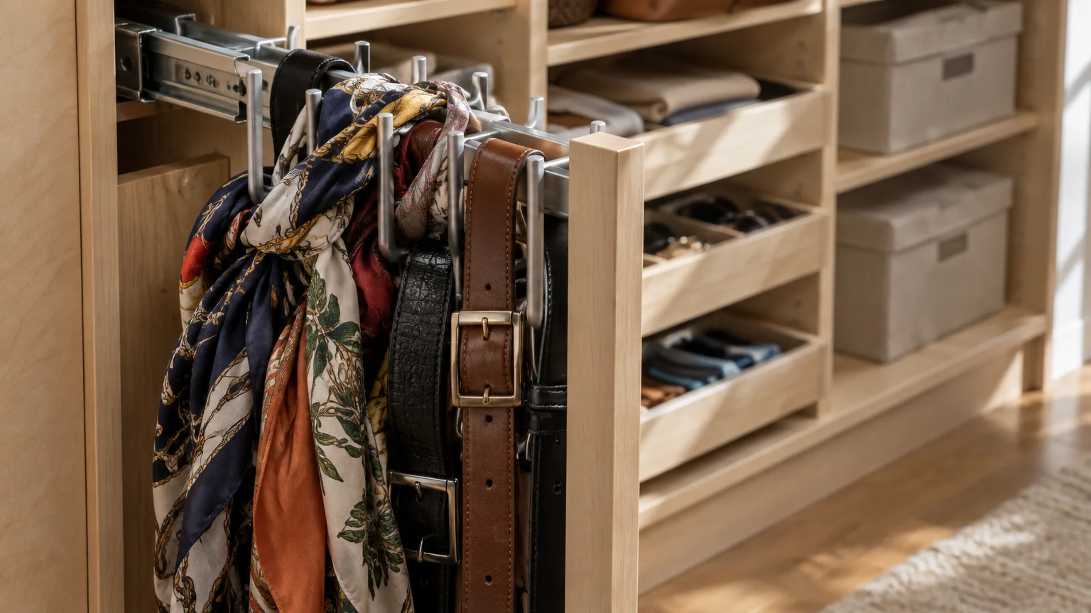 A pull-out wooden closet rack with metal hooks holding patterned scarves and leather belts on sliding metal tracks.