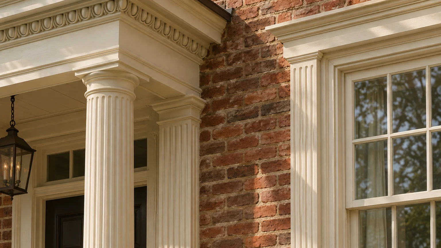 Fluted columns, decorative moldings, and window trim painted creamy off-white against a rustic red brick home exterior.