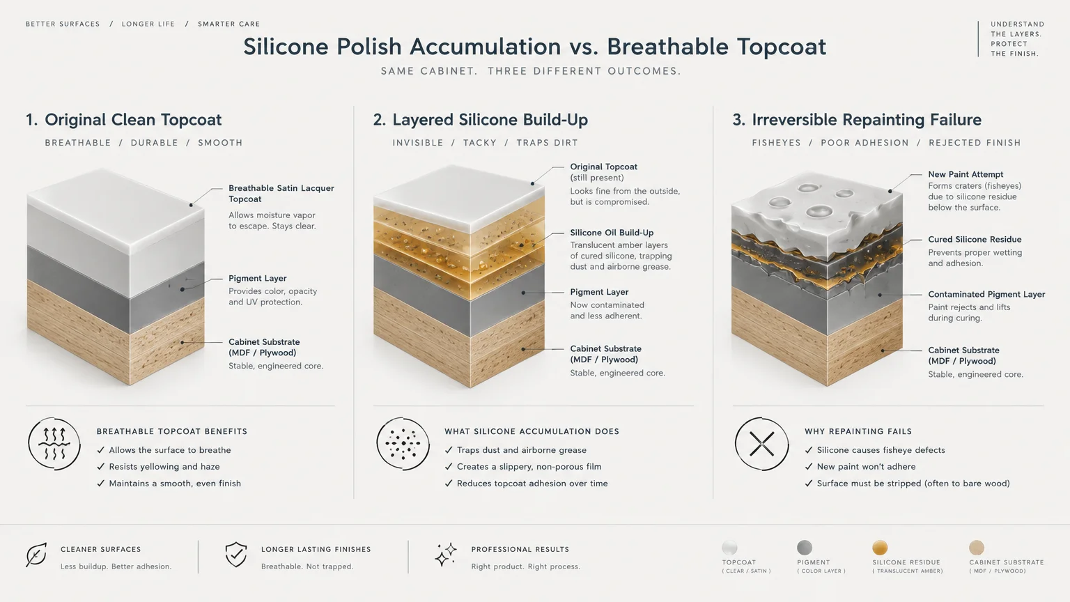 Diagram showing three cross-sections comparing a clean topcoat, layered silicone build-up, and repainting failure.