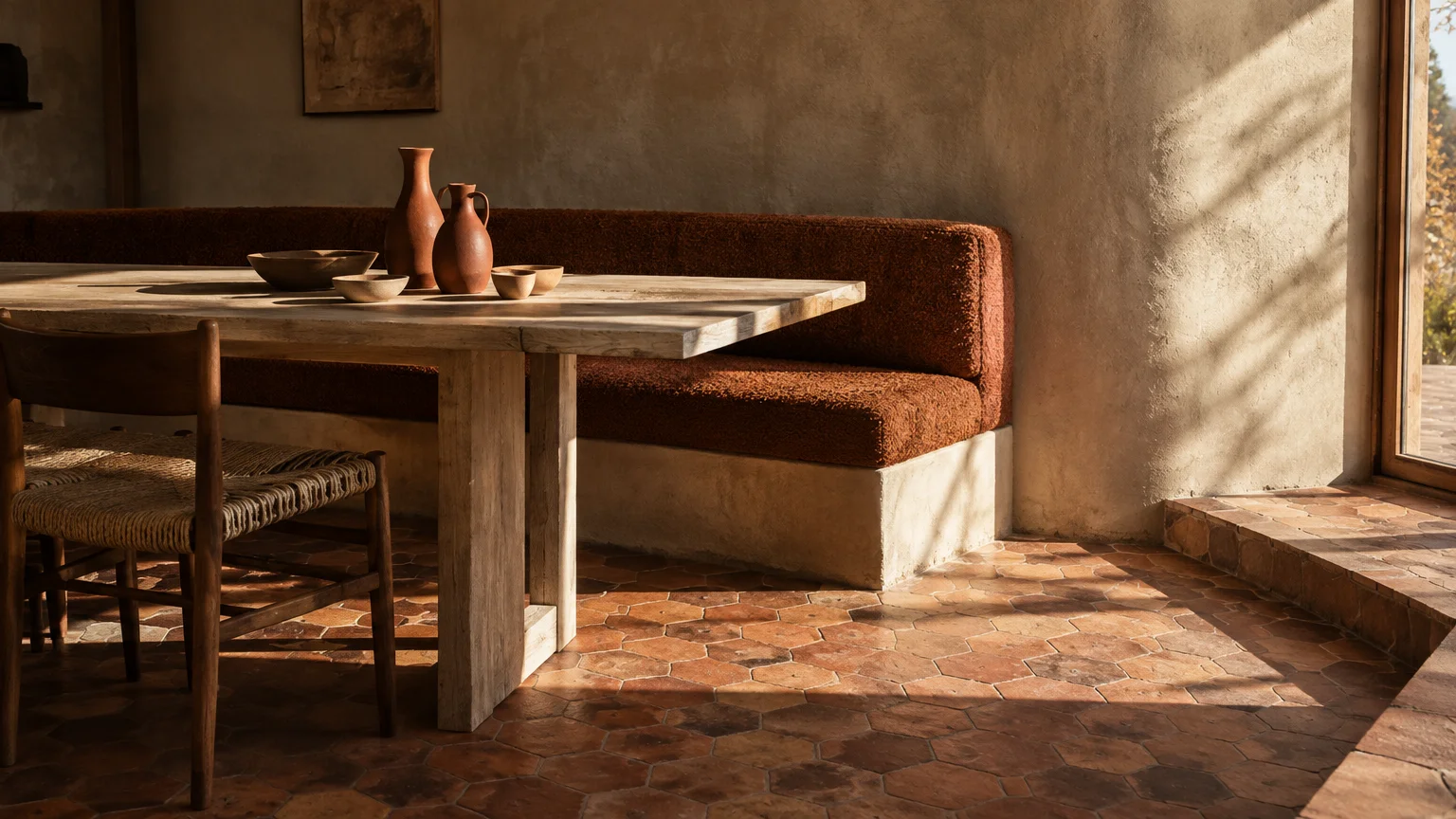 Sunlit dining room with terracotta floor tiles, a wooden table, ceramic jugs, and a rust-colored cushioned banquette.