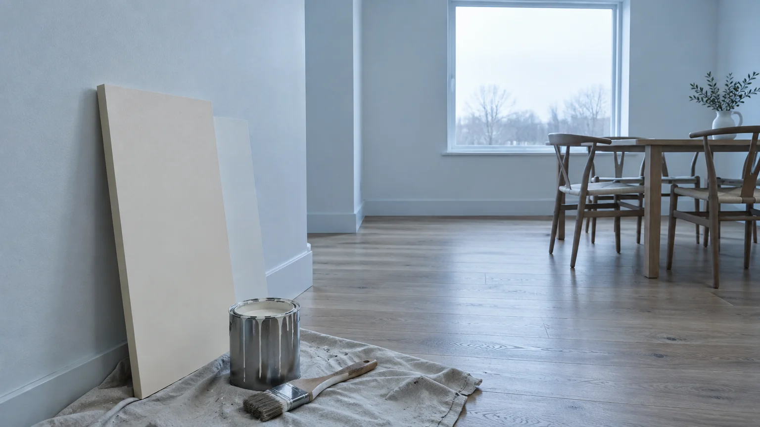 Paint can, brush, drop cloth, and sample boards rest against a wall in a dining room with wood floors and a table.