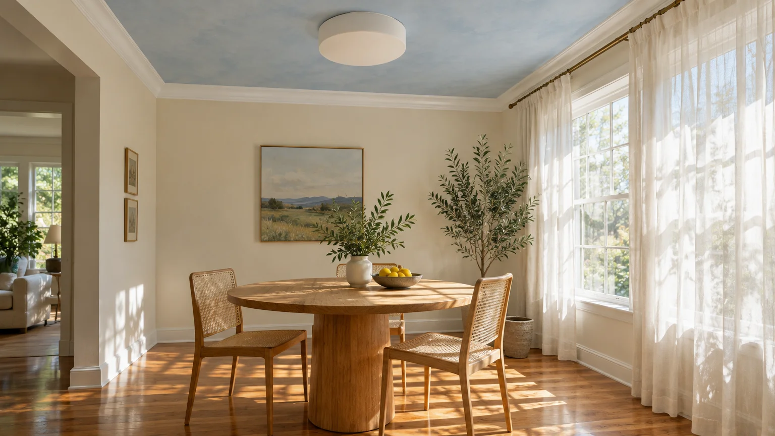 Dining room with a round wooden table, woven chairs, a light blue ceiling, and sheer curtains beside sunny windows.