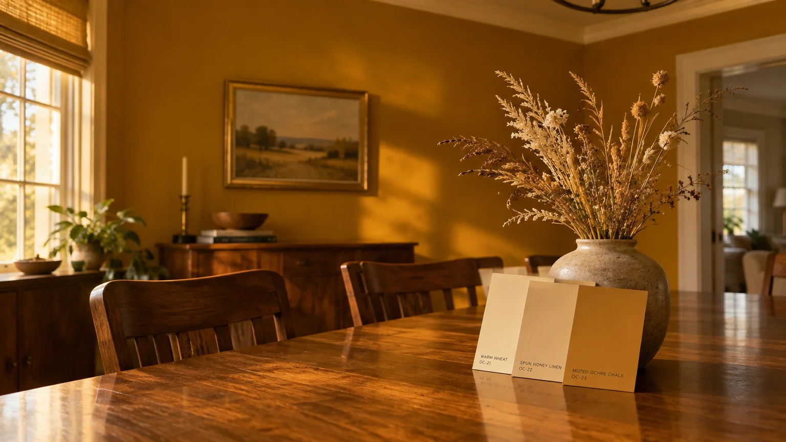 Paint color swatches beside a dried floral vase on a wooden dining table in a mustard yellow room.