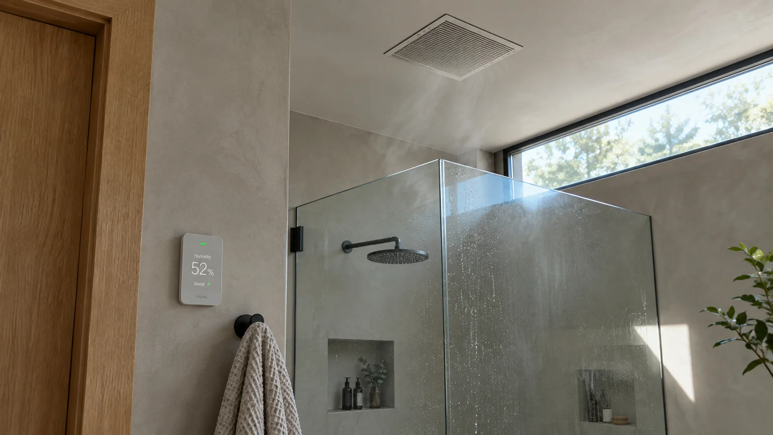 Steam rises toward a ceiling exhaust vent above a modern glass shower beside a digital wall humidity monitor.