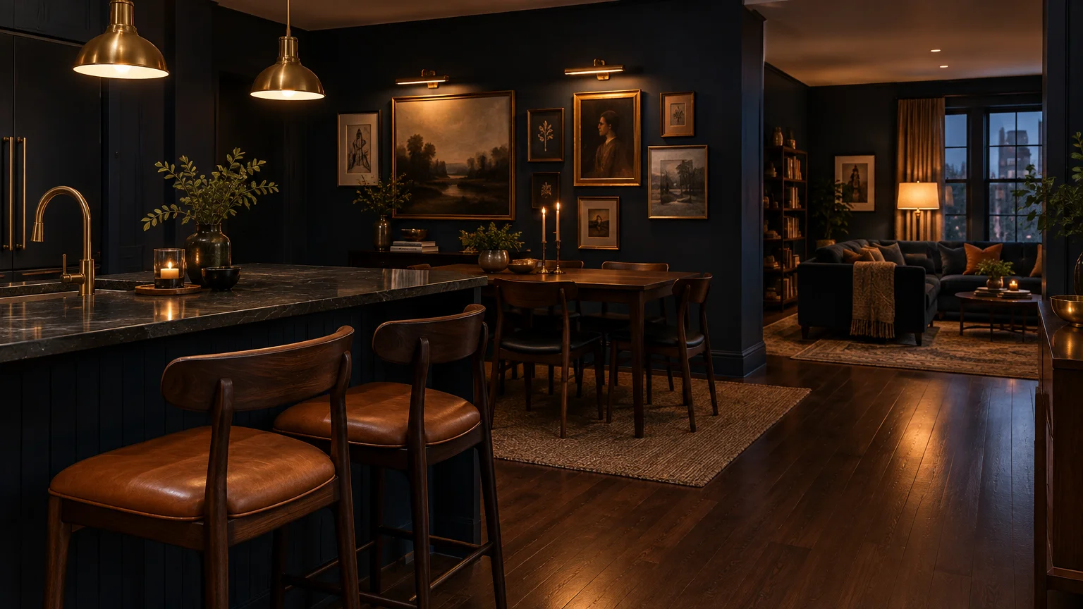 Dark navy open-concept kitchen and dining area with wooden stools, gallery wall, and warm lighting leading into a living room.