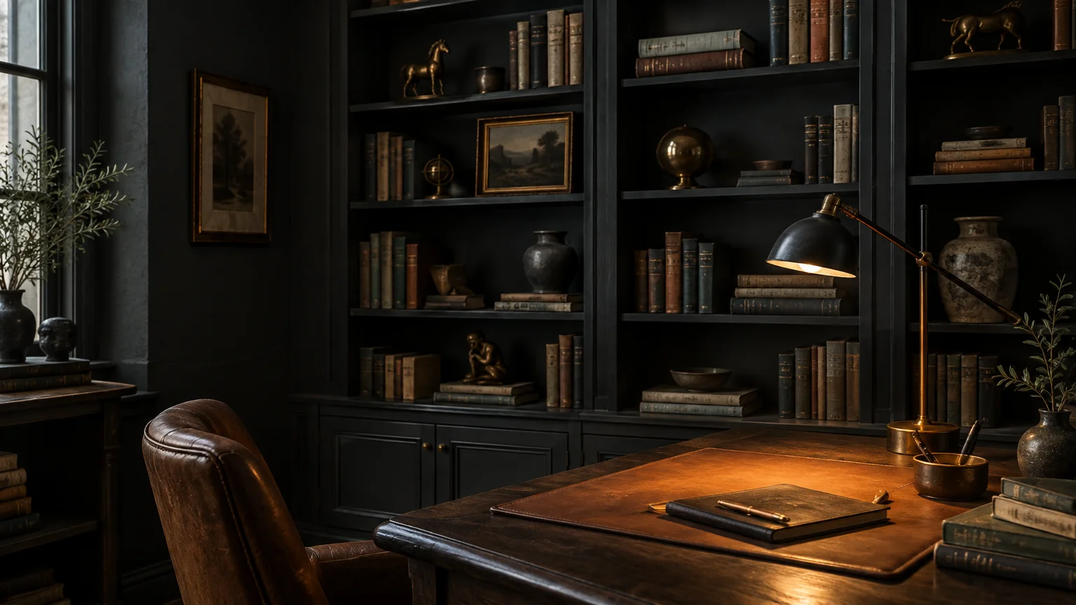 Dark home study with charcoal bookshelves, a wooden desk illuminated by a brass lamp, and a leather armchair.