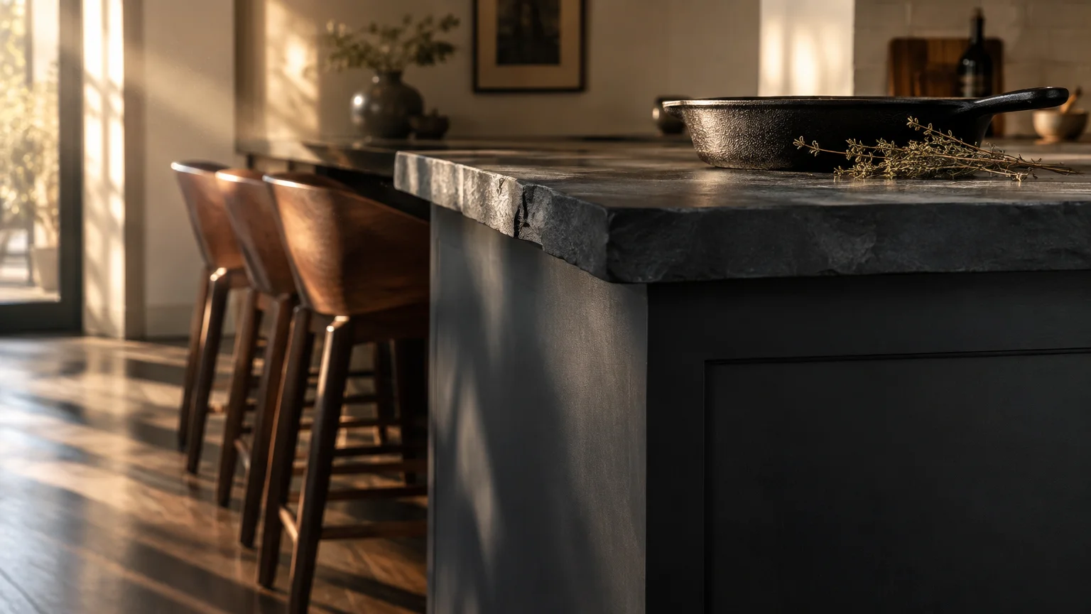 Dark charcoal kitchen island with a chiseled stone countertop, wooden barstools, and a cast-iron skillet in warm sunlight.