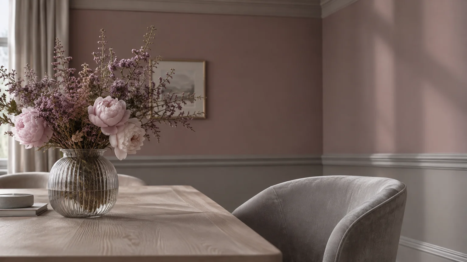 A glass vase of pink flowers on a light wood dining table beside a grey velvet chair in a dusty mauve dining room.
