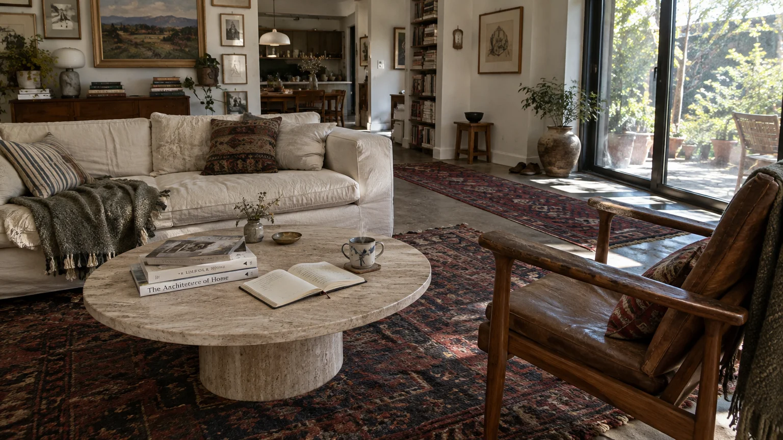 Living room with a white sofa, round stone coffee table, wooden armchair, oriental rugs, and sliding glass patio doors.