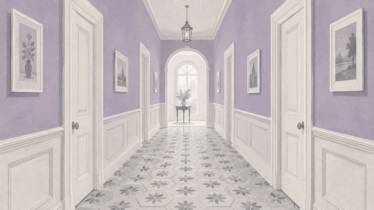 Illustration of a hallway with soft purple walls, white wainscoting, patterned tile floor, and doors on both sides.
