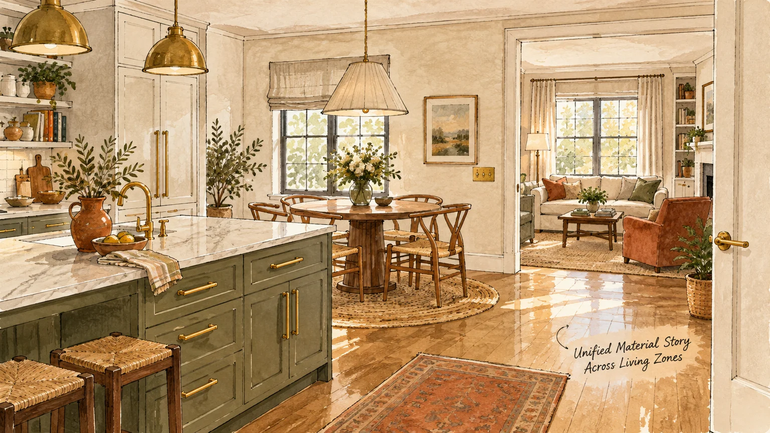 Mixed media sketch of an open-concept kitchen with green island, dining area, and living room with matching brass fixtures.