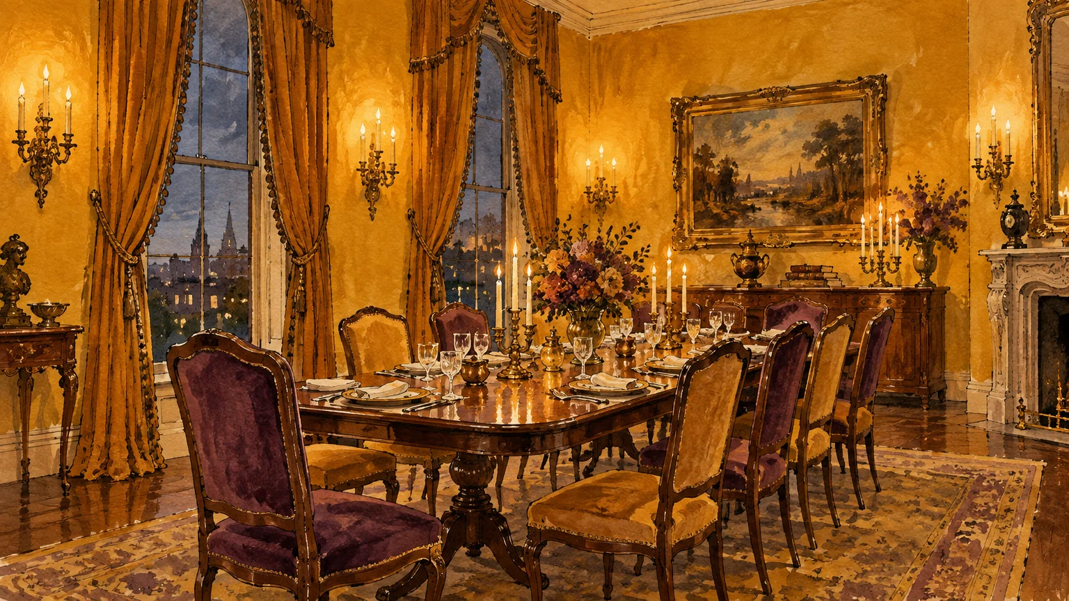 Formal dining room with warm ochre walls, candlelit chandeliers, a long polished table, and purple upholstered chairs.